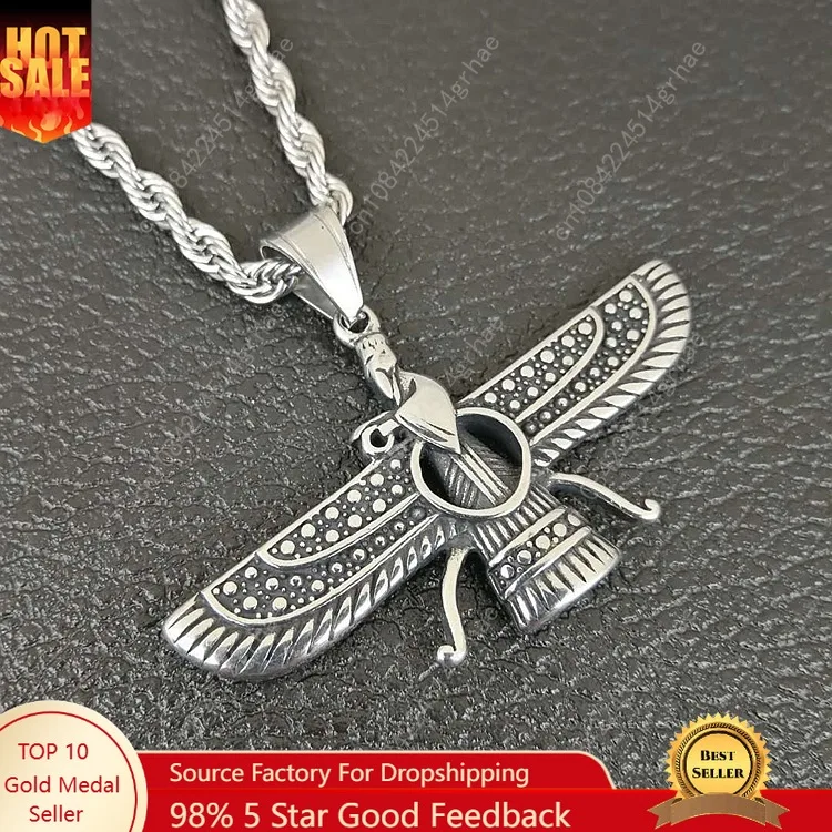 

Persian Iran Farvahar Zoroastrian Wing stainless steel Pendant Necklace for Men Vintage Persia Faravahar Pahlavi Male Jewelry