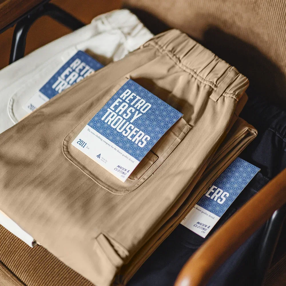 Maden Cleanfit Straight Herringbone Easypants Tapered Solid Color Elastic Waistband Casual Pants Pocket Design Men's Trousers