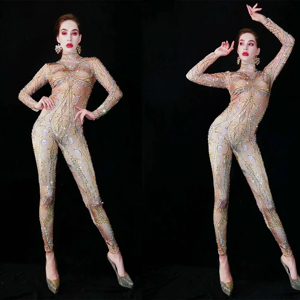 Women Sexy Stage Big Rhinestones Stretch Skinny Jumpsuit Bar Dance Drag Queen Costume Birthday Celebrate Outfit Playsuits