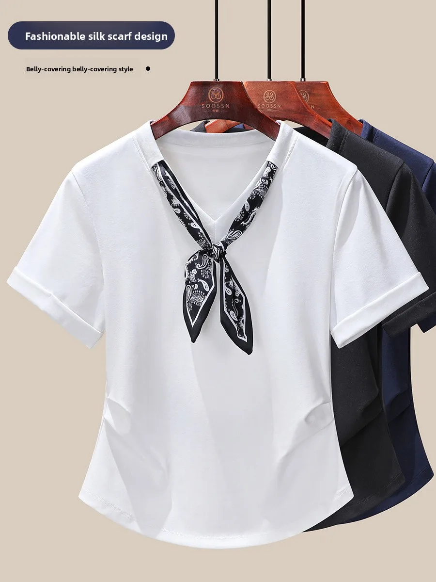 

Summer 2025 new with silk scarf short-sleeved t-shirt women's design shirt pleated waist thin women's top