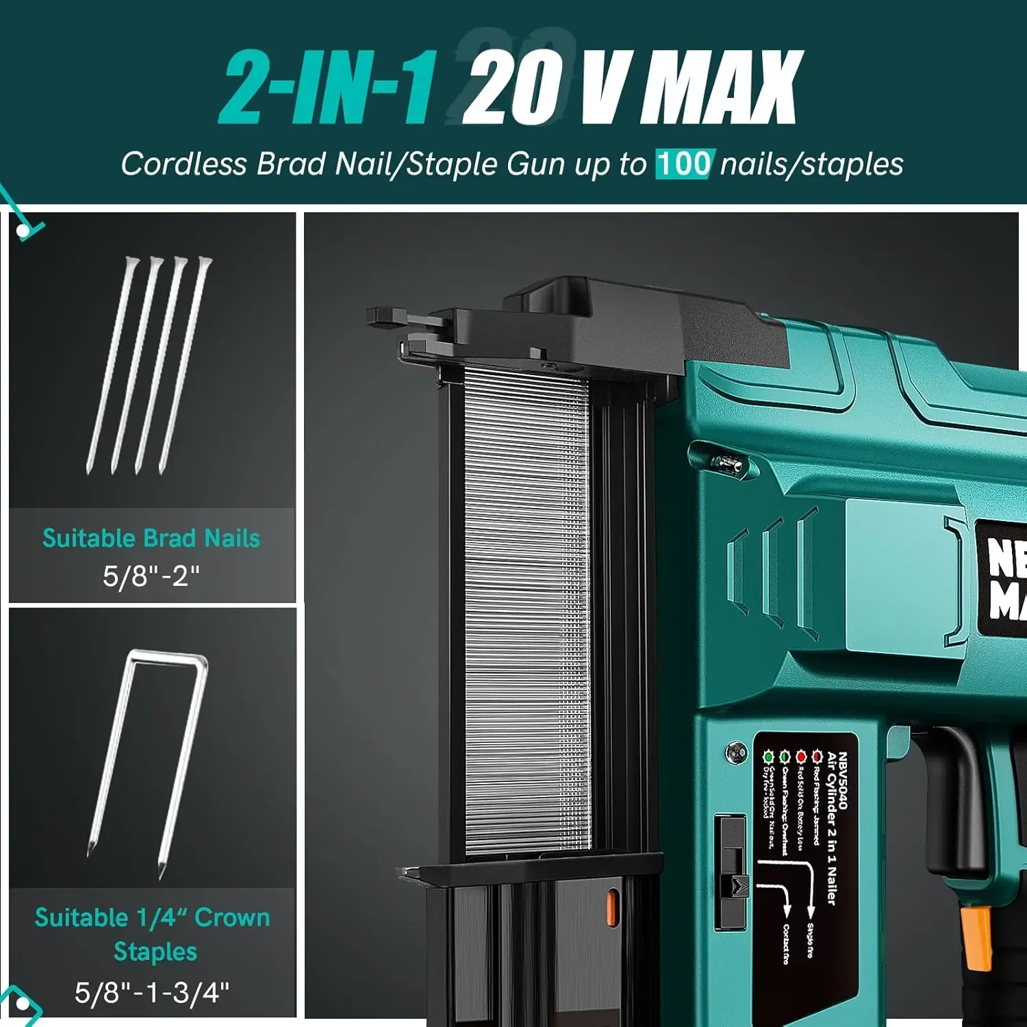 MASTER Nail Gun Battery Powered, 18 Gauge 2 in 1 Cordless Brad Nailer/Staple Gun with 2.0Ah Li-ion Battery, 1000pcs Nails and 50