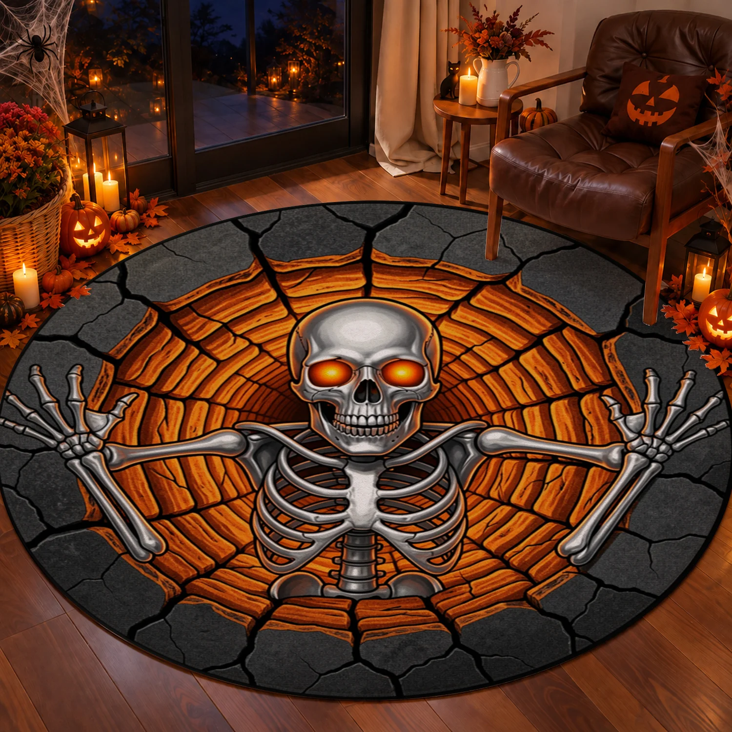 Spooky Skeleton Round Velvet Rug, Machine Washable Floor Mat, Ideal for Living Room, Bedroom, Entryway, Home Decor for Halloween, Thanksgiving, Christmas, New Year, Perfect for Black Friday Events