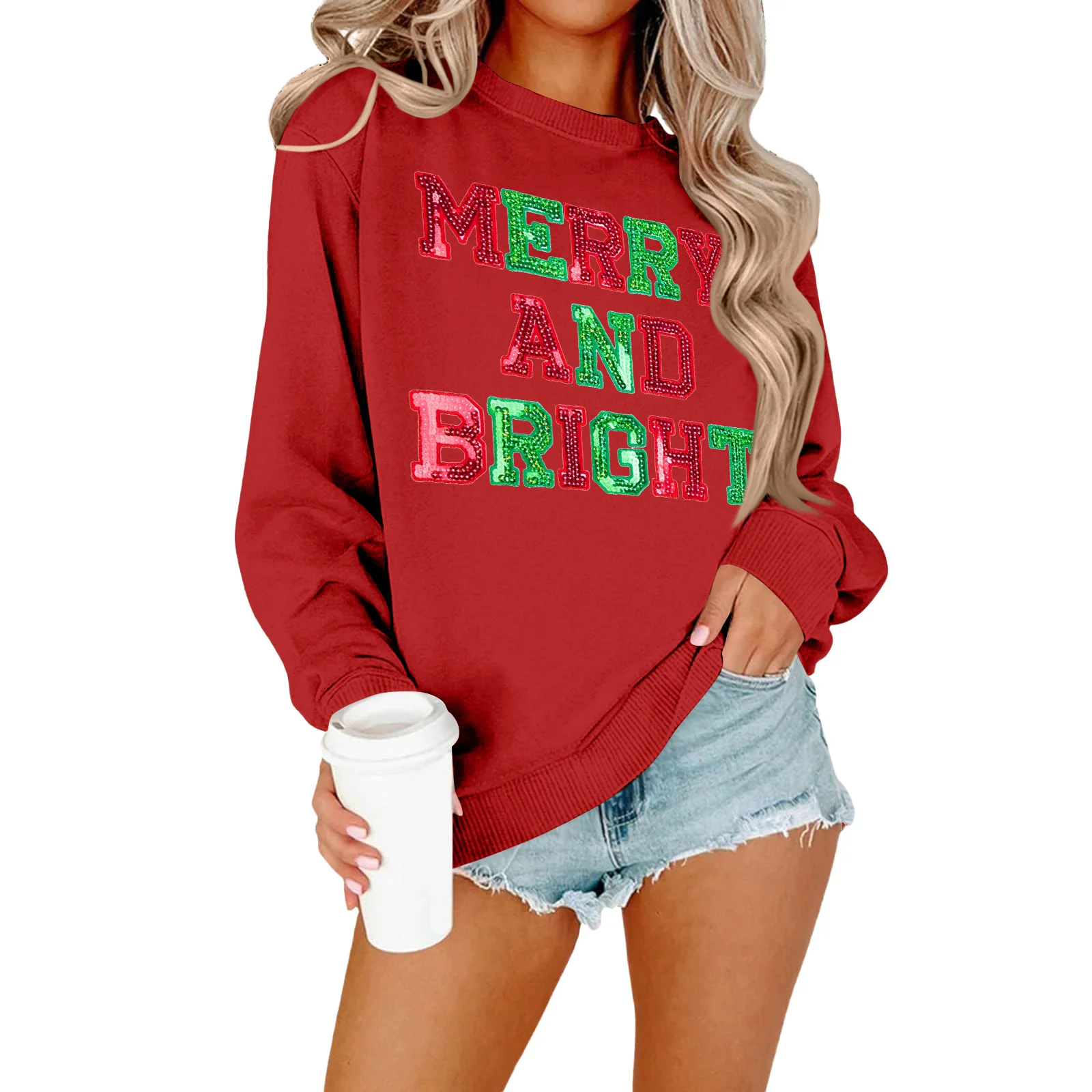 Damska modna, codzienna bluza z długim rękawem, luźny krój, świąteczny nadruk, okrągły dekolt, odzież damska.