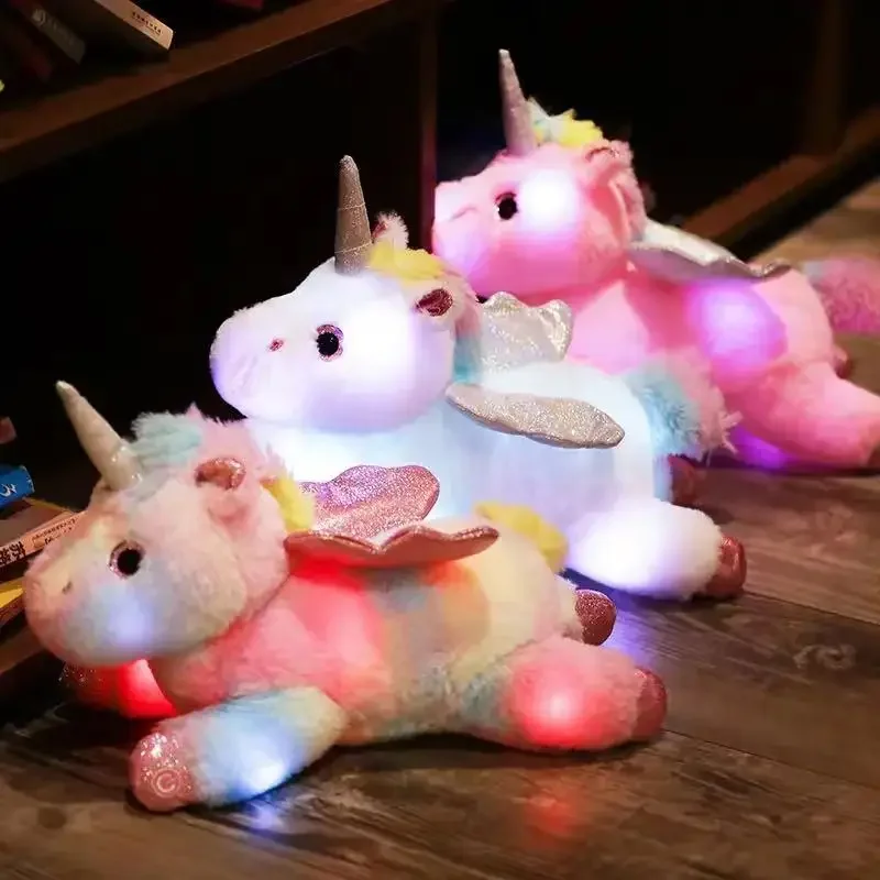 Boneka mainan mewah Unicorn, boneka liburan hadiah kreatif berpendar lucu dan nyaman