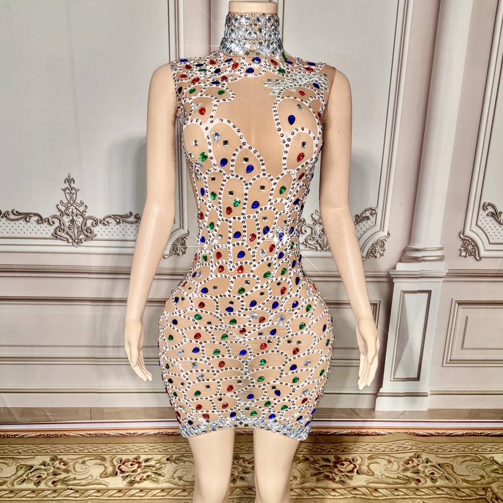 

Sparkly Rhinestones Short Dress for Women Sexy Mesh Transparent Celebrate Birthday Dress Stage Wear Photo Shoot Costume