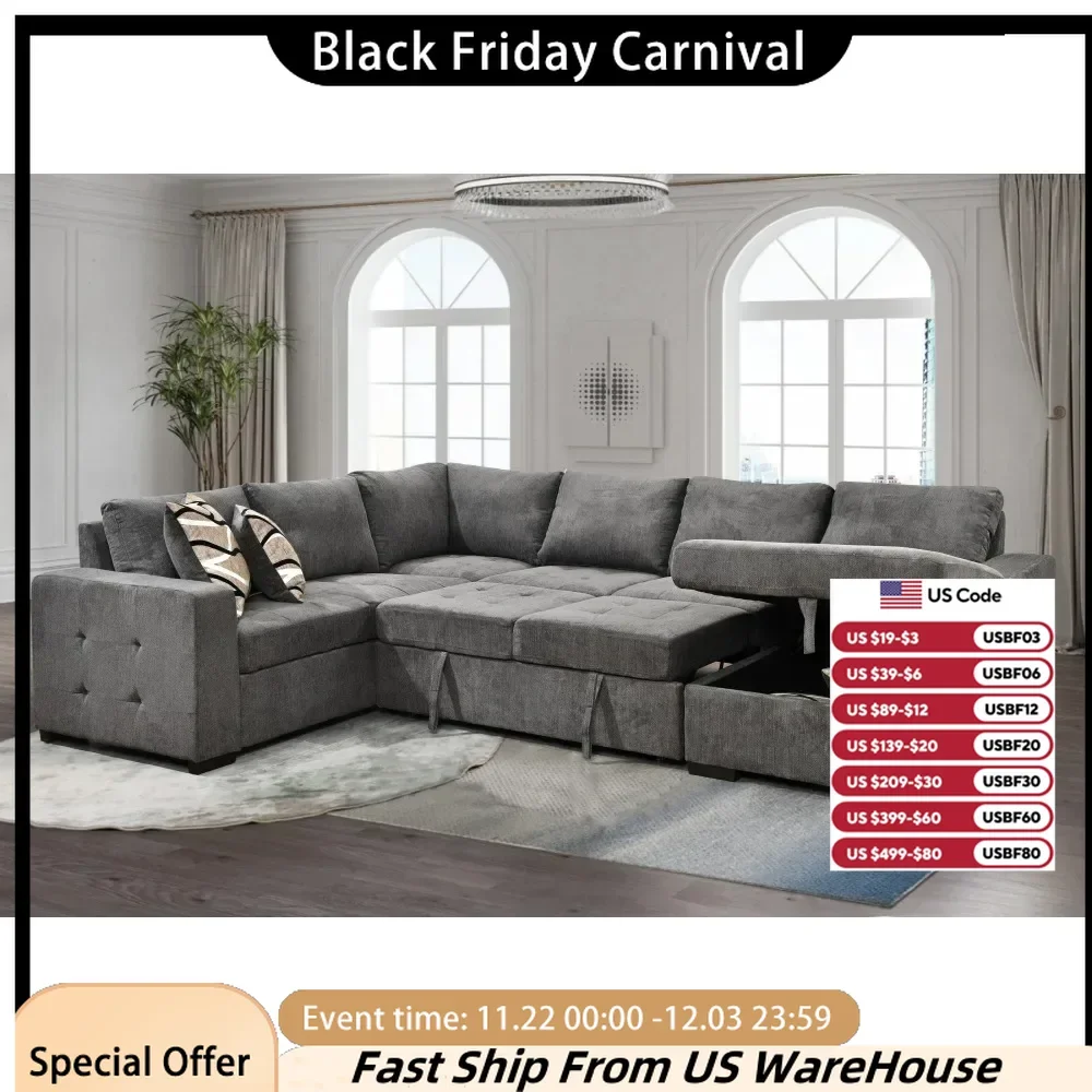 Sectional Sofa with Storage Chaise, U Shaped Sectional Couch with 4 Throw Pillows for Large Space Dorm Apartment. Charcoal Grey