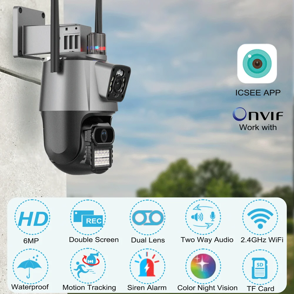 Dual Screen Two Lens IP Camera 6MP IP66 Color Night Vision Two Way Audio WiFi Camera Human AI Detection Auto Motion Track ICSEE