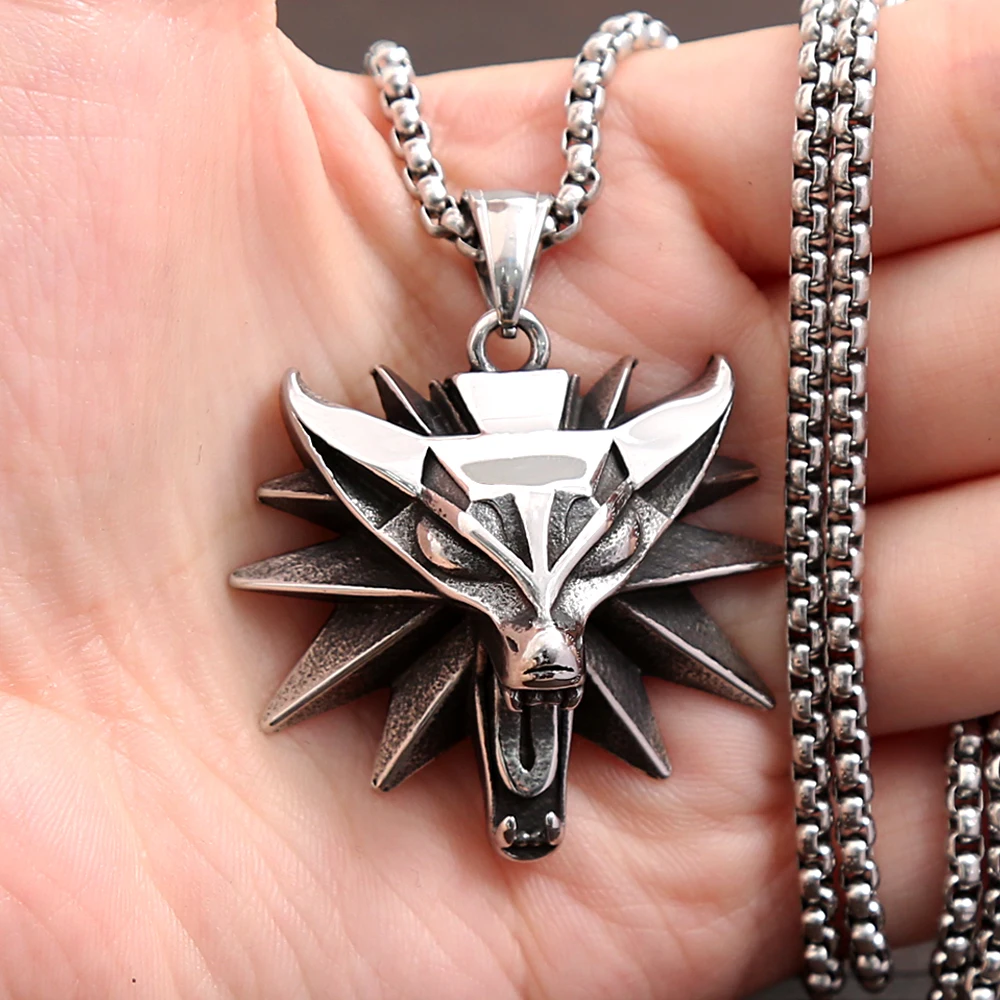 Fashion Vintage Viking Wolf Head Pendant Necklace Mens Punk Biker Stainless Steel Geralt of Rivia Slavic Necklaces Charm Jewelry