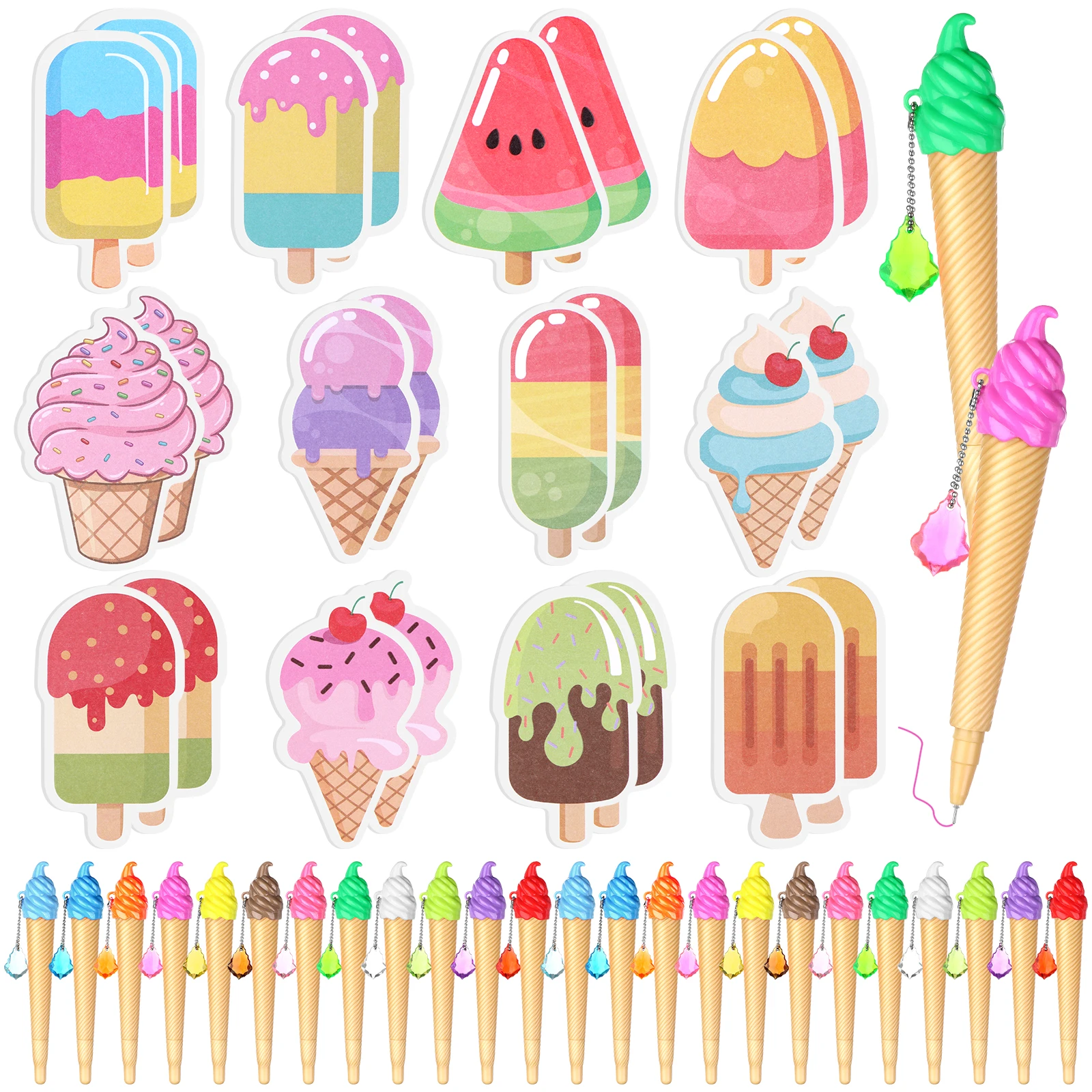48Pc Ice Cream Cone Pens with Sticky Notes Ice Cream Party Supplies Kit Assorted Summer Fruit Popsicle Stick Back to School Gift
