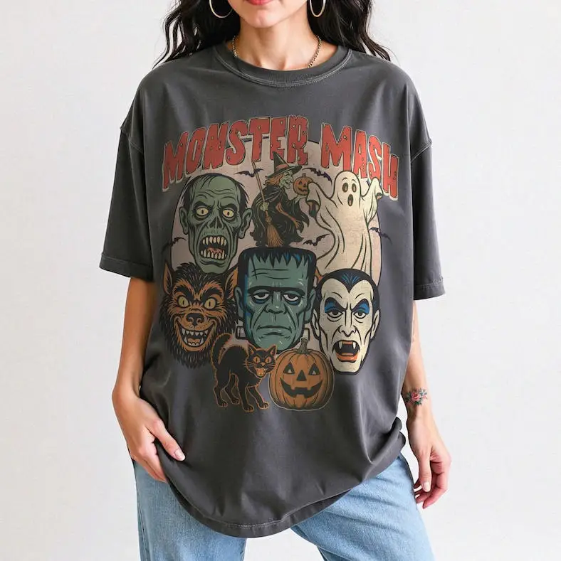 Monster Mash Shirt Retro Halloween Spooky Season Tee Vampire Black Cat Ghost Pumpkin Graphic Tee Cool Unisex Gothic Punk Tshirt