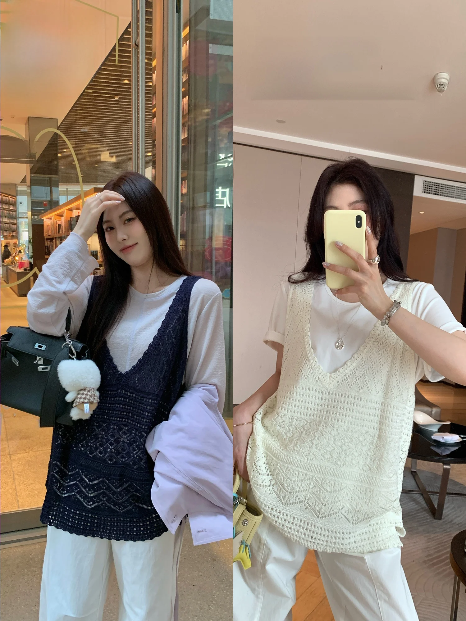 

NAZ Large Size Spring Fashion Knitted Vest V-Neck Hollow out Hook Flower Core Spun Linen Casual Loose Fit Ladies Top