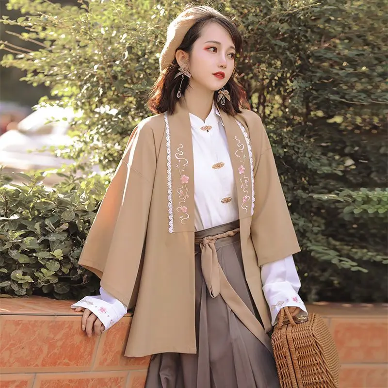 

Chinese Traditional Costume Hanfu Modern Style Ming Dynasty Improved Woman Cosplay Fashion Fresh Grace Brown JK Skirt 3PCS Set