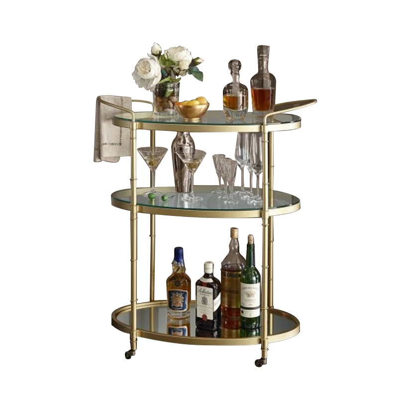 Glamorous 1930's Gold Metal Bar Cart with Glass & Mirror Shelves, Low Profile Wheels - Assembly Required