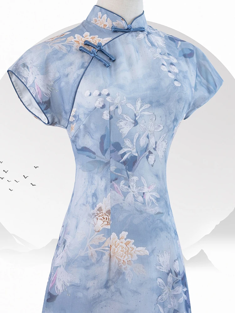 

Синее повседневное платье для девочек в новом китайском стиле с косым воротником, коротким рукавом, из полиэфирного волокна, миди-длина