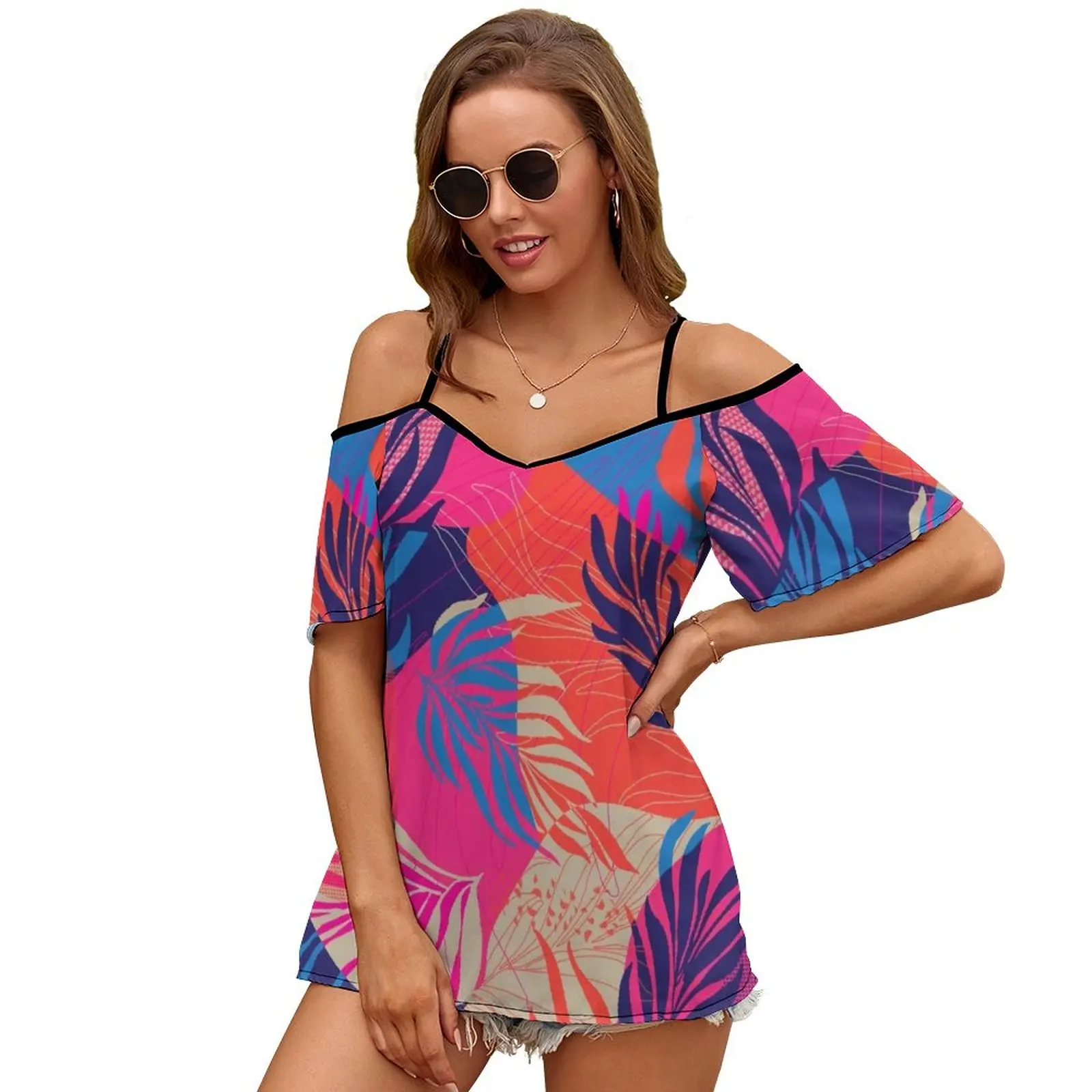 Magenta Seaweed Print O-Neck Off-The-Shoulder Top Short-Sleeved T-Shirt Ladies Streetwear Magenta Scarlet Red Classic Blue Tan