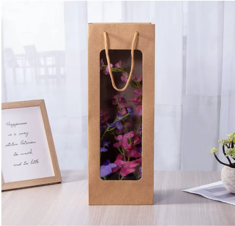 حقيبة هدايا النبيذ مع نافذة، 20 عبوة من أكياس النبيذ الورقية بطول 4.13 بوصة × 3.35 بوصة × 14.2 بوصة لزجاجة النبيذ، حقيبة هدايا بنية لعيد ميلاد السنة الجديدة