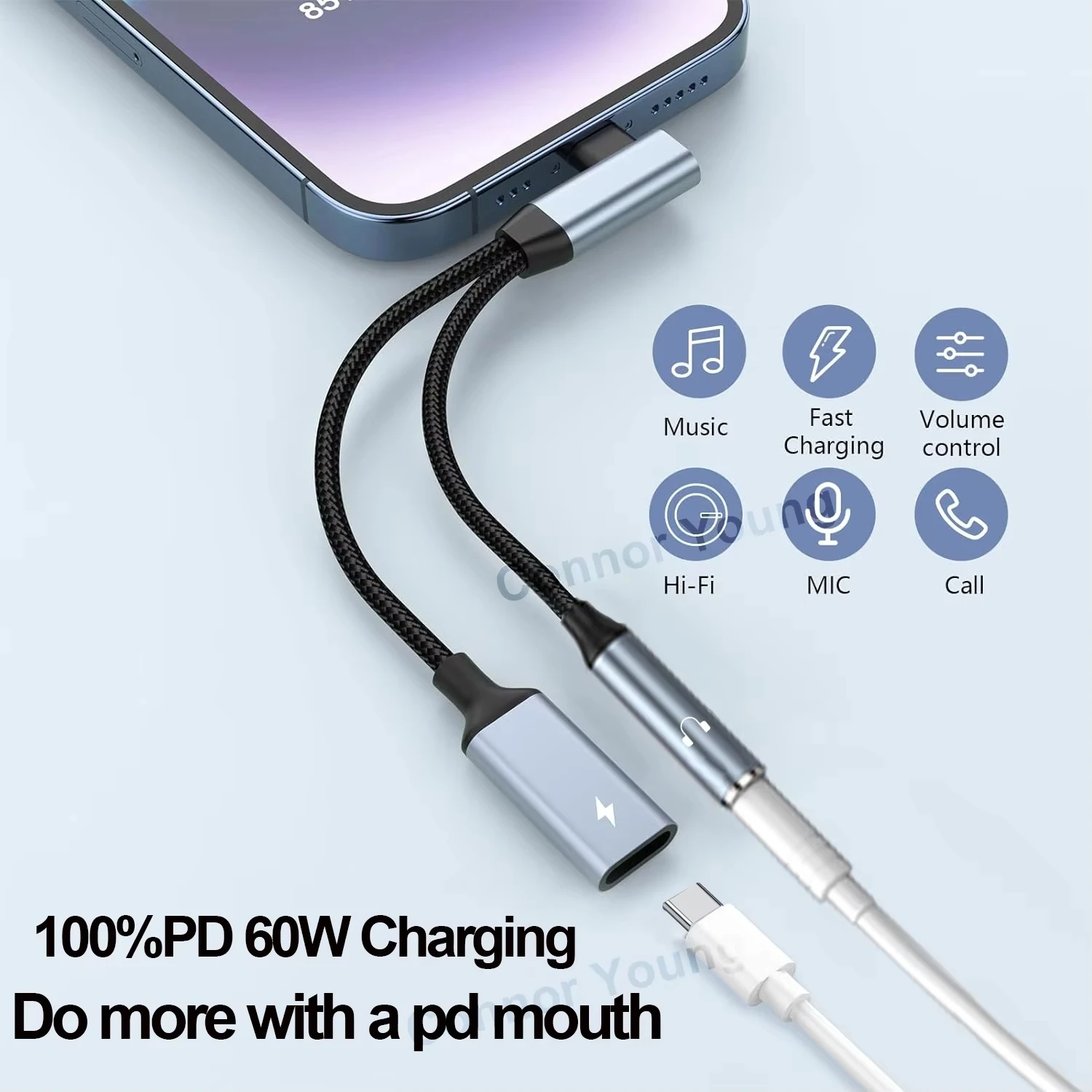 OTG 2 in 1 Elbow Usb Type C to 3.5mm HiFi Earphone Jack PD 30W Super fast charge Audio Aux Adaptor For iPhone 16 Galaxy S24 S23