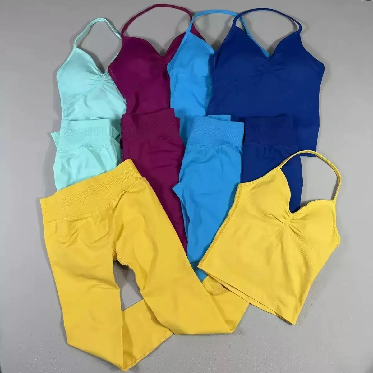 2 قطع الرياضة مجموعة المرأة عارية الذراعين تانك القمم عالية الخصر Scrunch سلس السراويل الرياضة البدلة الصالة الرياضية مجموعة ملابس رياضية تجريب مجموعة #3