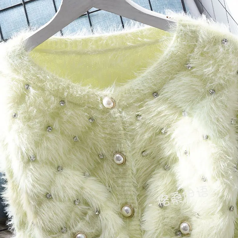 Women Imitation Mink Cashmere Diamonds Sweater Coat Loose Autumn Mohair Rhinestone Knitted Cardigan Fleece Knitwear Crop Tops