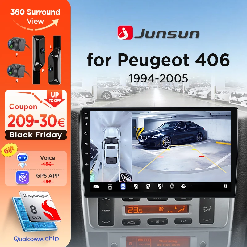 Junsun 360 ° Telecamera panoramica Autoradio Per Peugeot 406 1994 - 2005 Schermo CarPlay Wireless Android Auto Stereo GPS Navi RDS WiFi