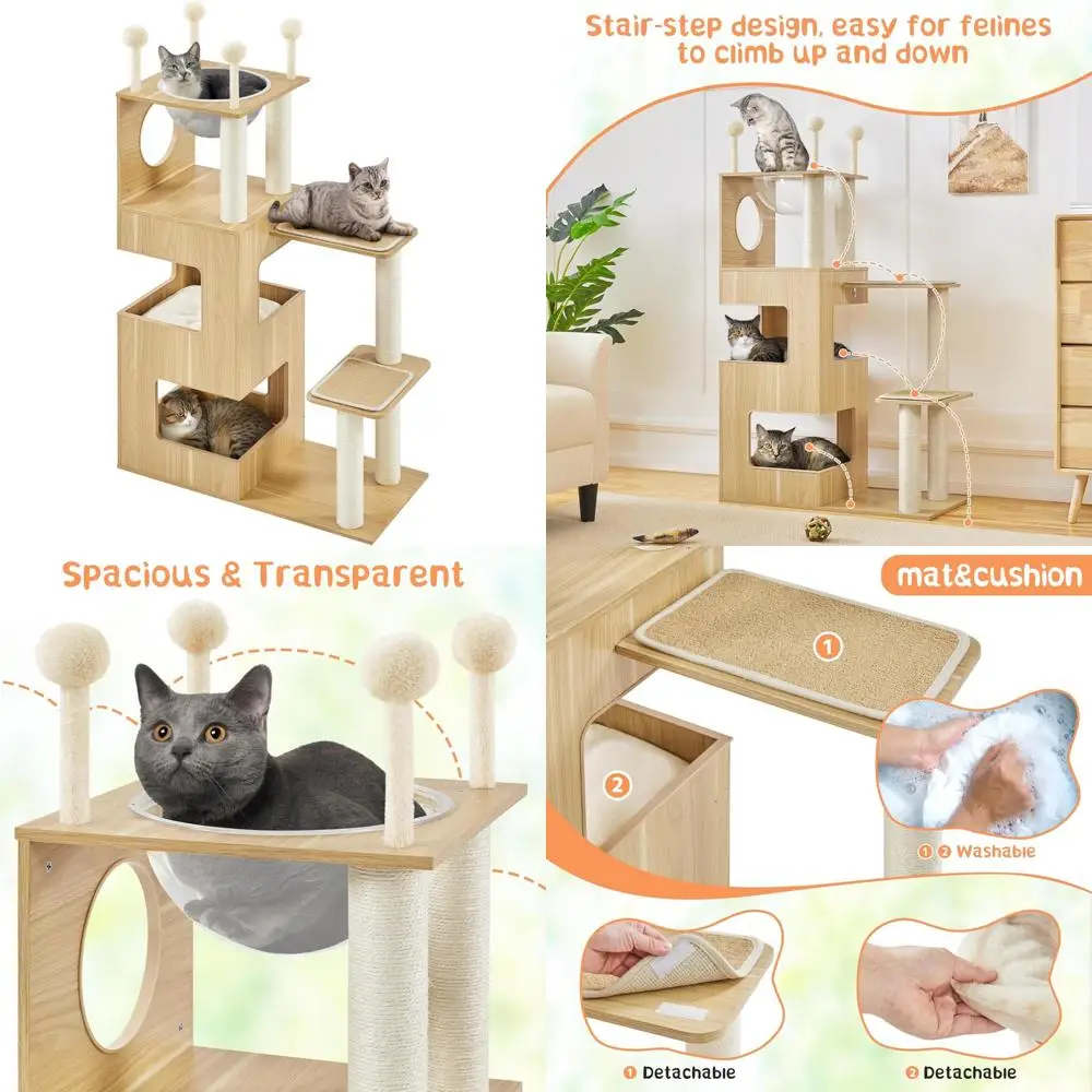 

Современная домашняя кошачья башня 53 дюйма с когтеточками, съемной подушкой, моющейся и прозрачной миской для кошек