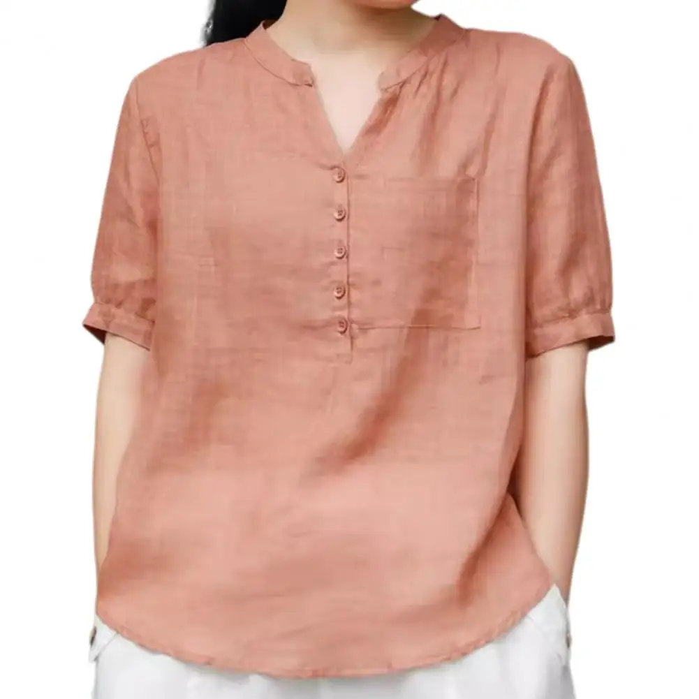 

Shirts & Blouses Women Top Stylish V-neck Buttoned Women's Shirt With Patch Pocket Loose Fit Top For Style Pullover 블라우스