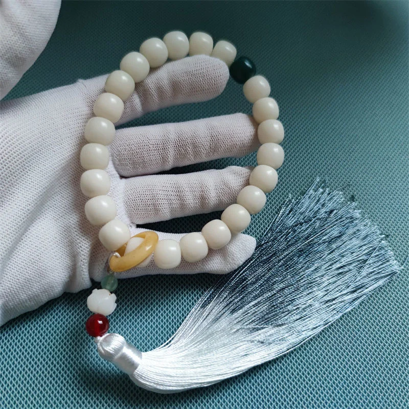 White Jade Bodhi Root Big Lotus Running Ring Tassel in Hand Round Buddha Beads Recitation Stupid Little Unusual Pure