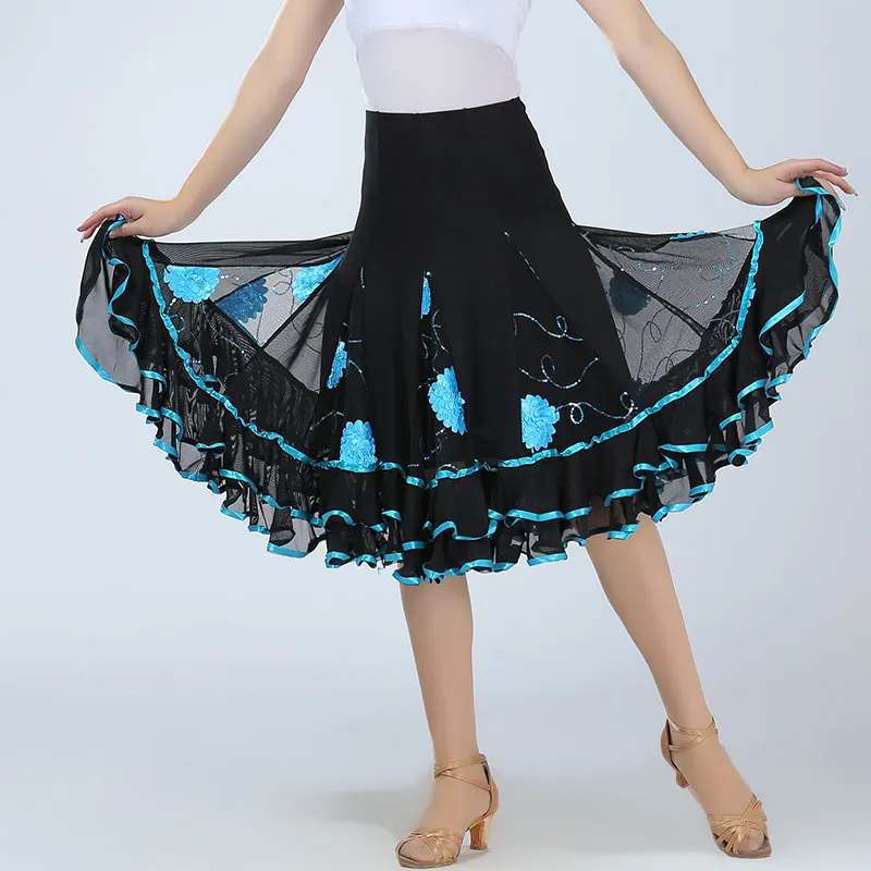 Adult Modern Skirt Ballroom Dance Skirt Flower Flamenco Skirts Square Sequin Belly Dancing Wear Women Waltz Dancing Costumes