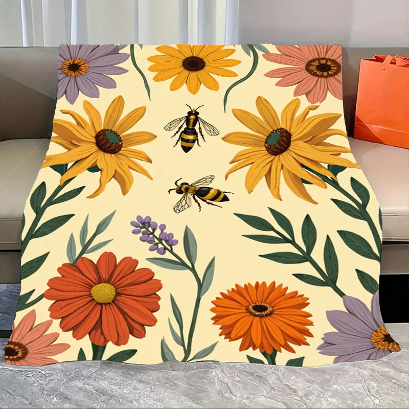 

1pc Flannel Blanket Vibrant Floral Bee Print Blanket for Cozy Home Decor