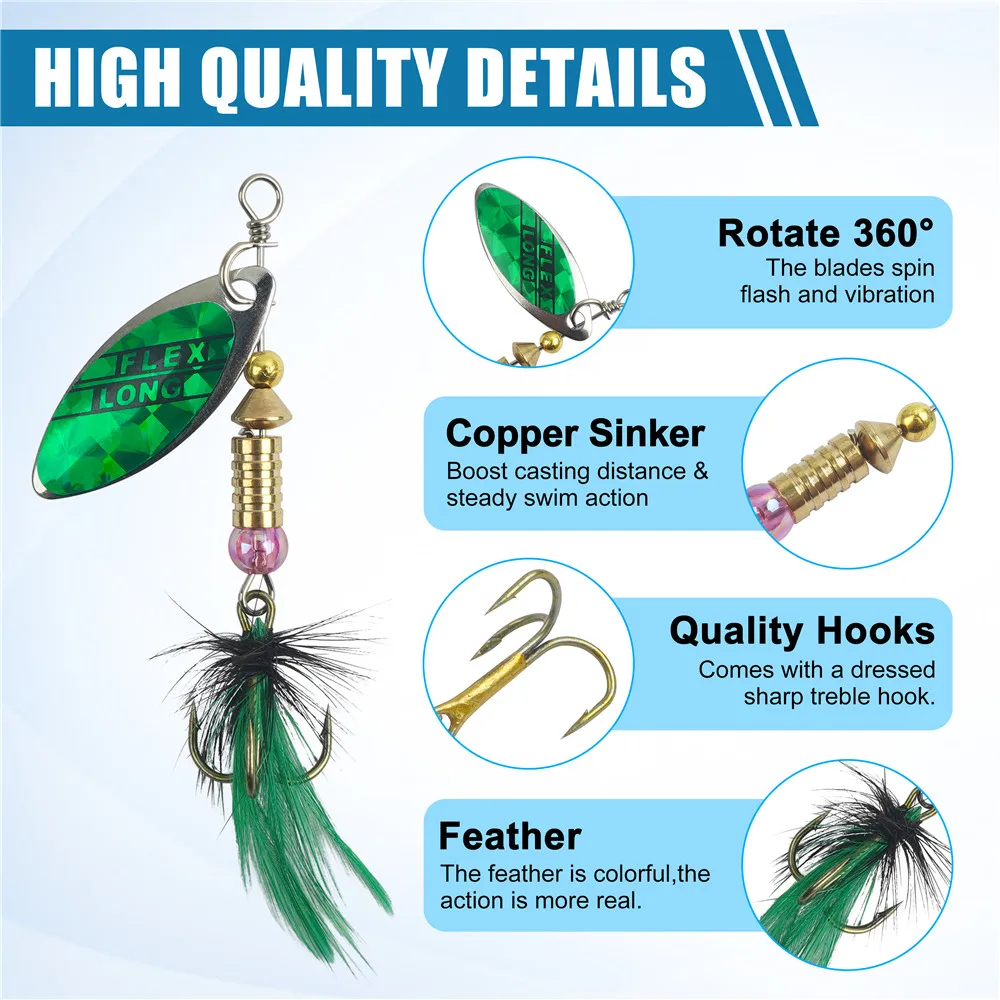 스피너 낚시 미끼 스피너 미끼 스푼 루어, 깃털 트레블 후크 포함, 파이크 송어 연어 배스 스피너 루어, 5 개, 10 개, 16 개