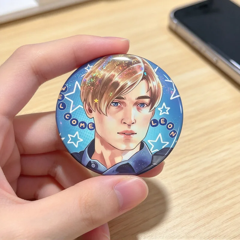 Resident Evil 2 Remake Leon Kennedy Glitter Button Pin | Round Anime Brooch Badge for Backpack Jacket Cosplay Fans Gift