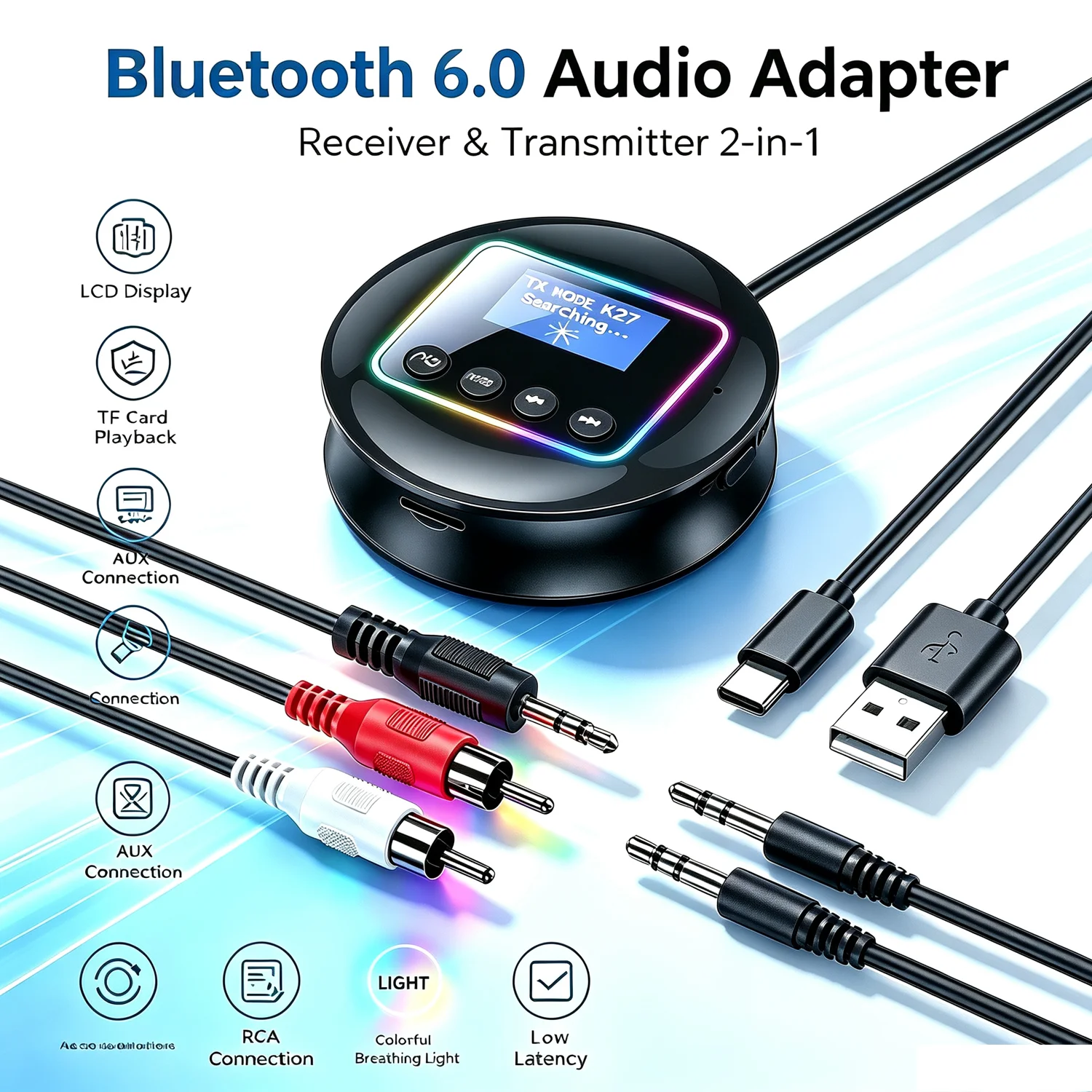Bluetooth 6.0 Audio Adapter Receiver Transmitter 2‑in‑1, Colorful Breathing Lamp LCD Display TF Card Playback AUX RCA Connection