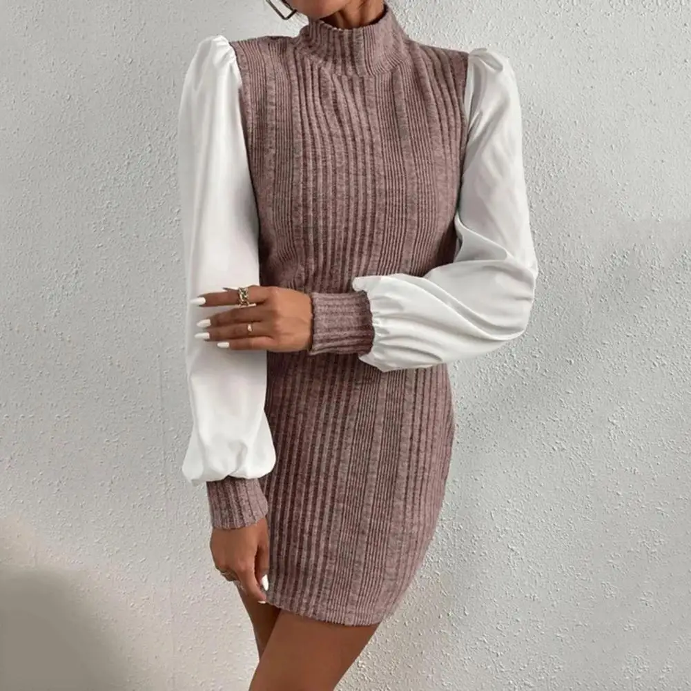 Women Dress Slim Fit Patchwork High Collar Ribbed Sheath Dress Contrast Color Long Sleeve Tight Waist Above Knee Commute Dress