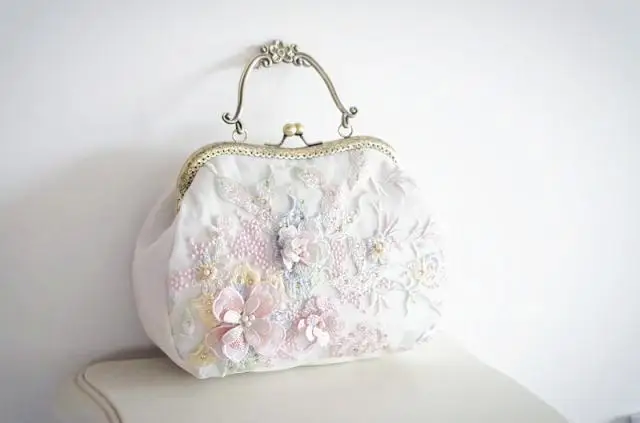 Lost in Vintage Handbag Hand Stitched Floral Pattern with White Faux Pearl in the Cnter of the Flowers Kiss Lock Wedding Purse