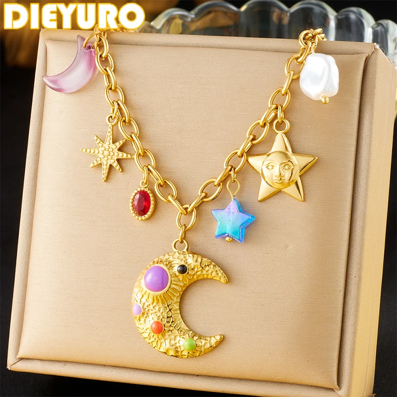 

DIEYURO 316L Stainless Steel Colorful Enamel Moon Stars Multi Pendant Necklace Lady Fashion Neck Chain Waterproof Jewelry Gif