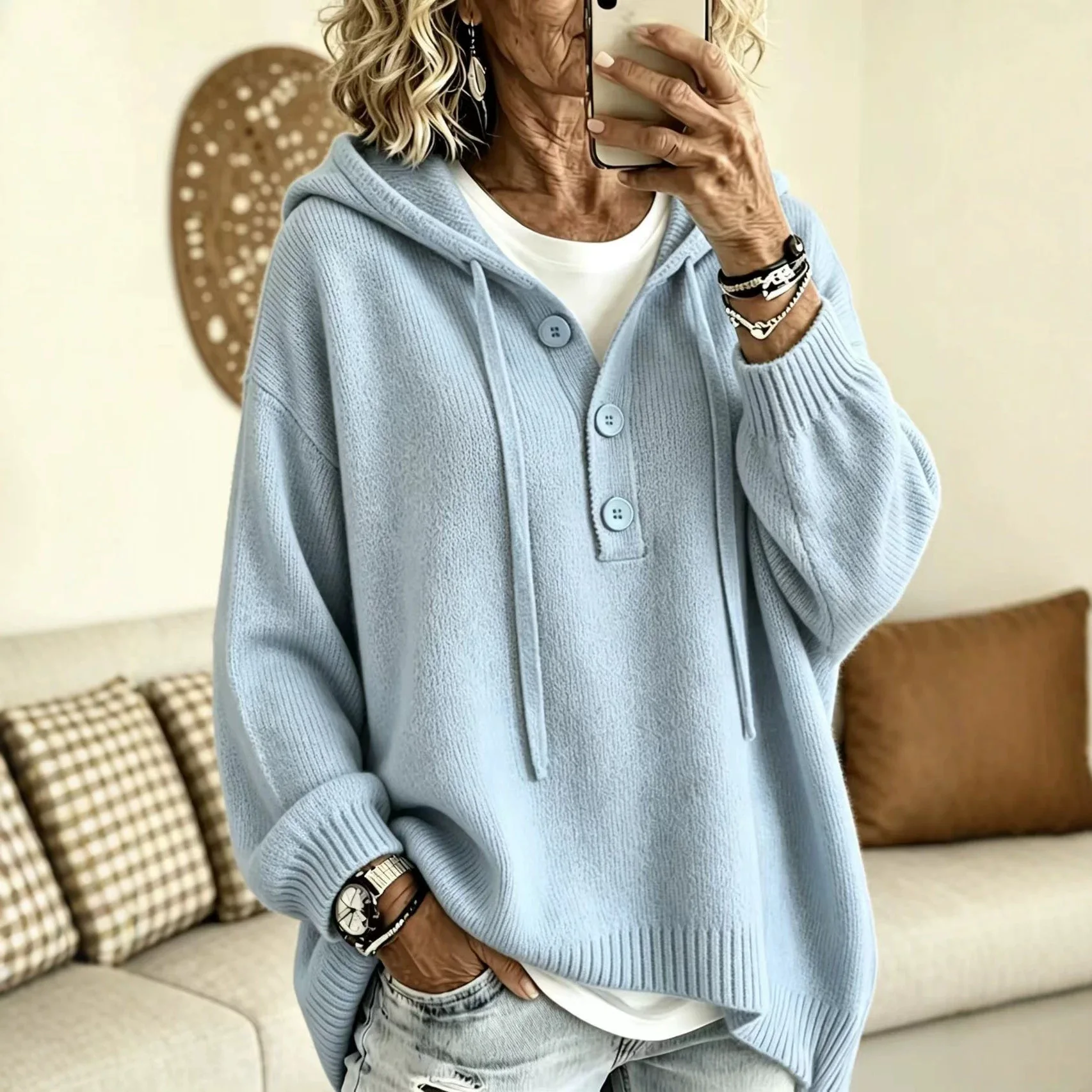 Chic 2026 Autumn and Winter Sweaters Jumpers Button-knitted Hooded Bat Sleeve Solid Color Casual Fashion Sweater Women Y2K