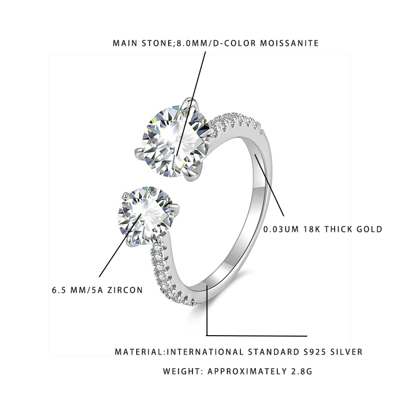 

0.03UM 18K Thick Gold Plated Moissanite Ring 8mm D Color S925 Silver Open Band
