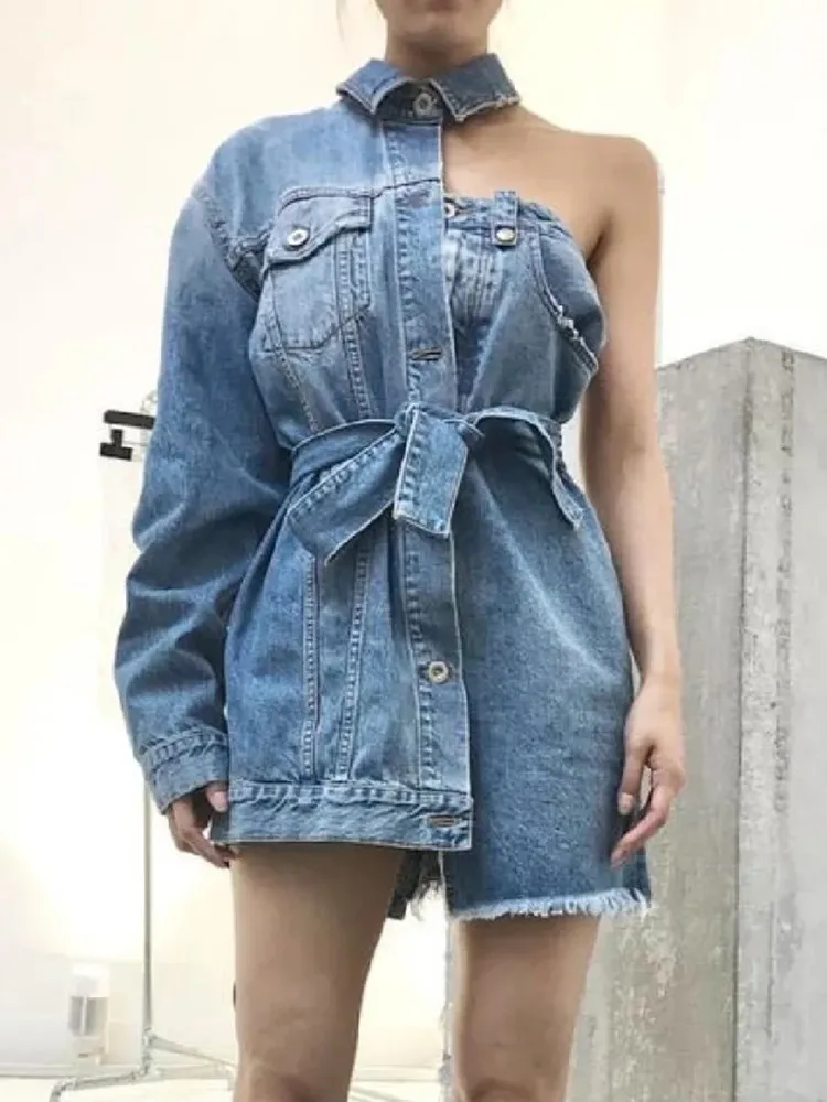 TWOTWINSTYLE Streetwear Patchwork Lace Up Denim Dress For Women Lapel One Shoulder Sleeve High Waist Designer Dresses Female New