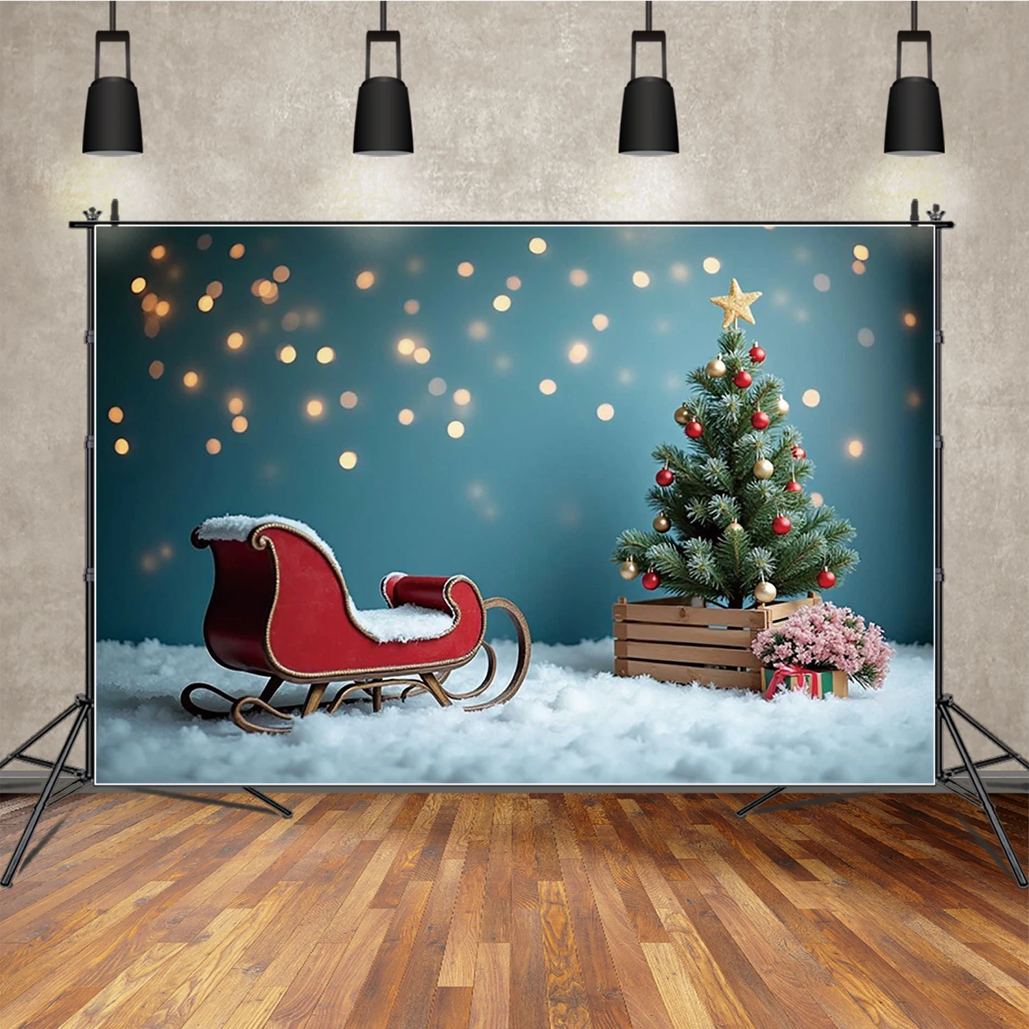 MOON.QG Christmas Interior Back Drop Sleigh Snow Carpet Xmas Trees Backgrounds Party Decorations Shooting Props Photography