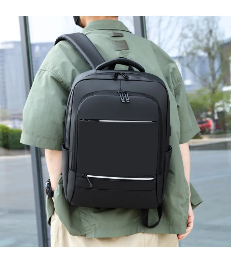 Black Layered Laptop Backpack with Two White Stripe Decor Anti Splash Side USB Port for Men Business Travel Weekend Outing