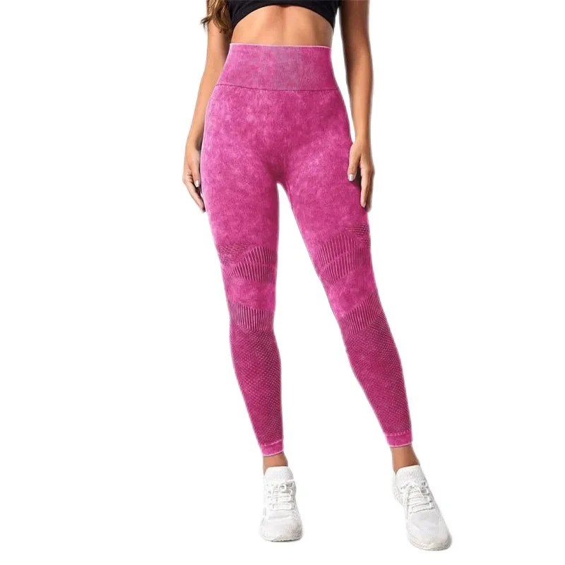 Women Leggings High Waist Solid Color Breathable Yoga Pants Running Gym Seamless Tights Pink Ribbed Texture Butt Lift Design