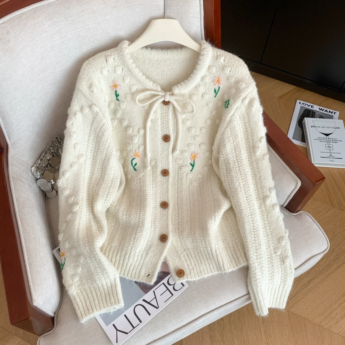 

Женский вязаный кардиган с абрикосовой вышивкой, свитер Y2k, винтажный элегантный джемпер 2000-х годов с длинными рукавами, свитер для женщин, осень-зима