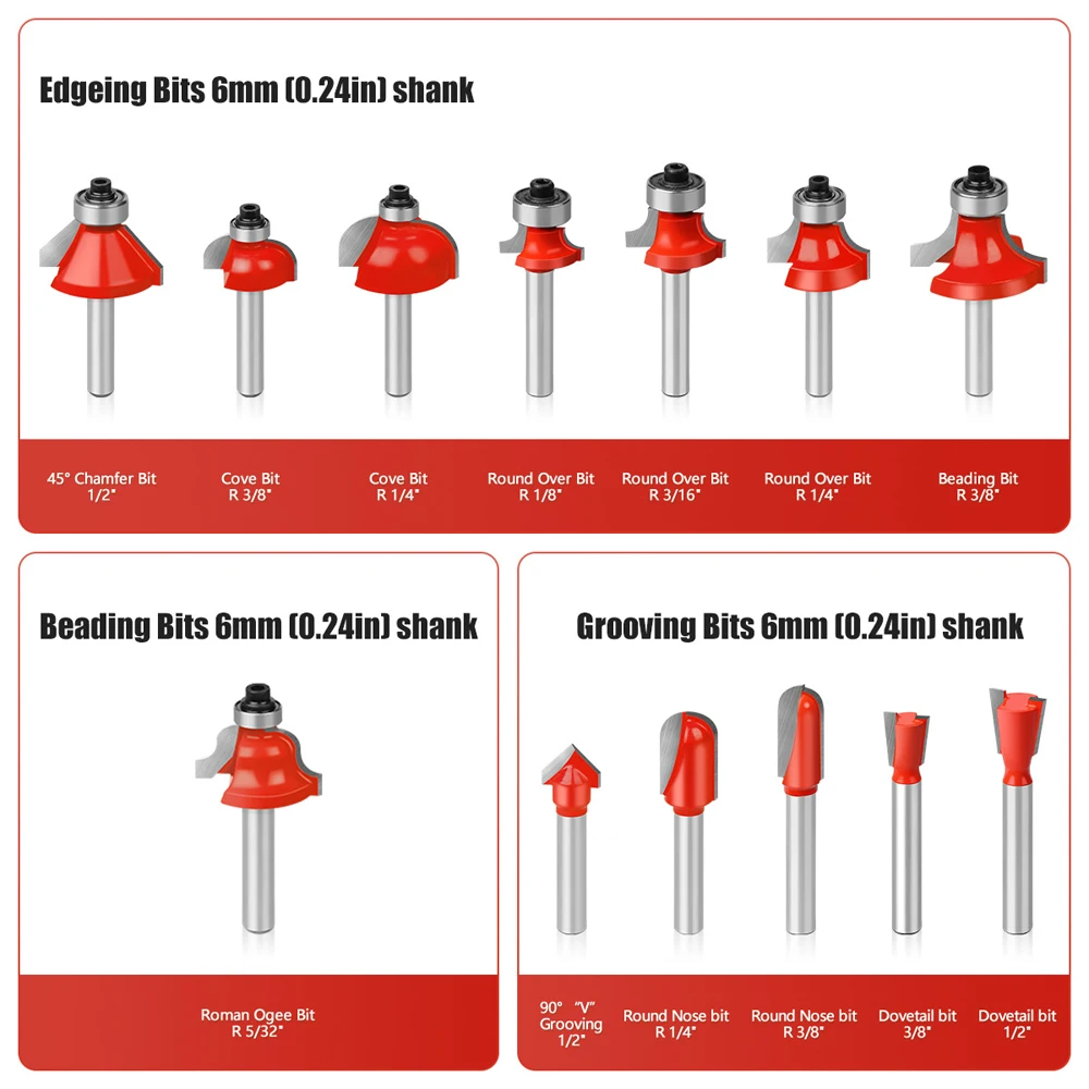 24pcs Milling Cutter 6mm Shank Trimming Machine Fillet Chamfer Slotting Cutter Router Bit Set Carpentry Woodworking Tool