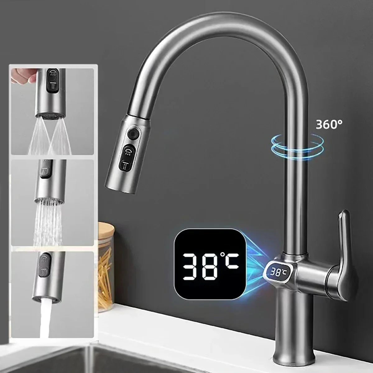 Kitchen Pull-out Faucet with Full Copper Digital Display Kitchen Sink Vegetable Basin Hot and Cold Pull-out Rotary Faucet Bag