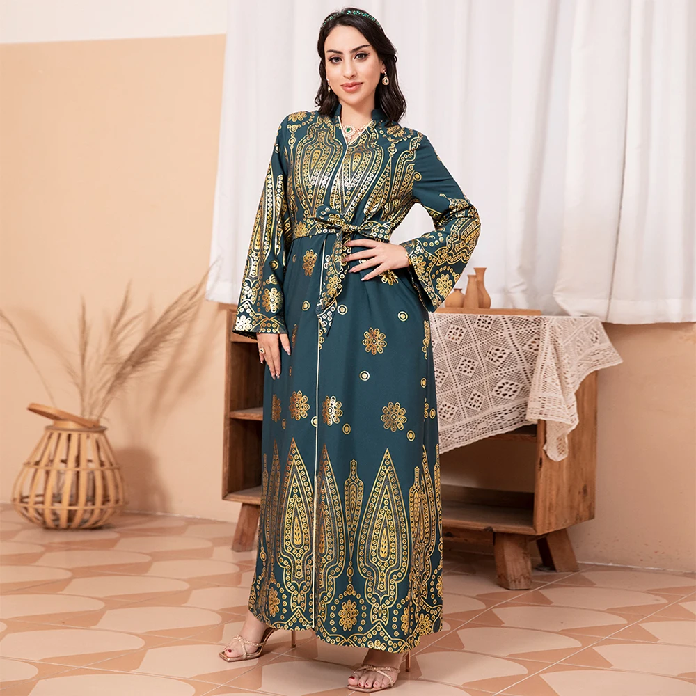 

Fridayin Muslim Ramadan celebrity elegant dark green V-neck floral bronzing belt bell sleeves fashionable Arabic long dress