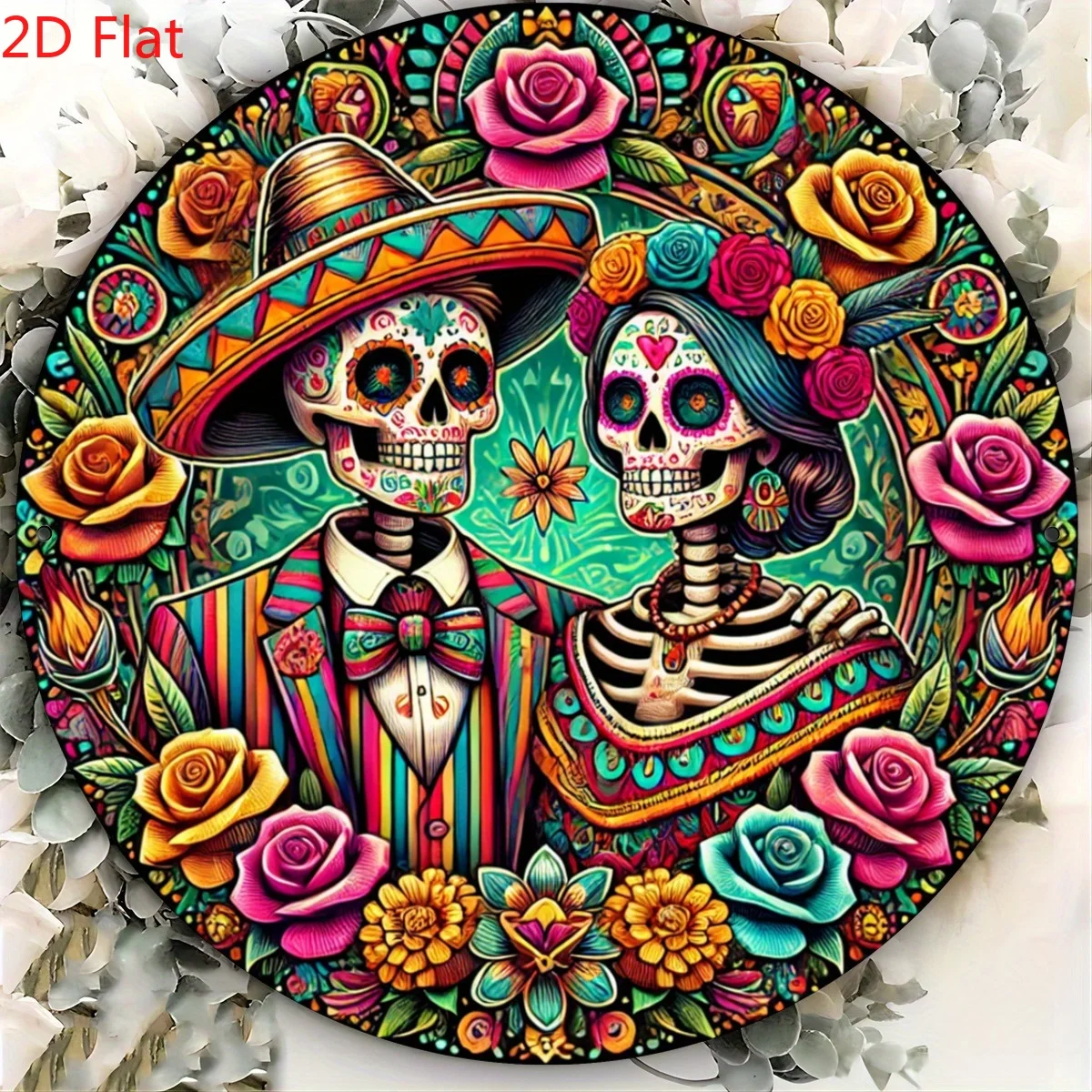 [2D Flat] 1pc Vintage Iron Day of the Dead Skull Couple Metal Sign, Round 2D Flat Printed, Festive Wreath Design, Door Mount