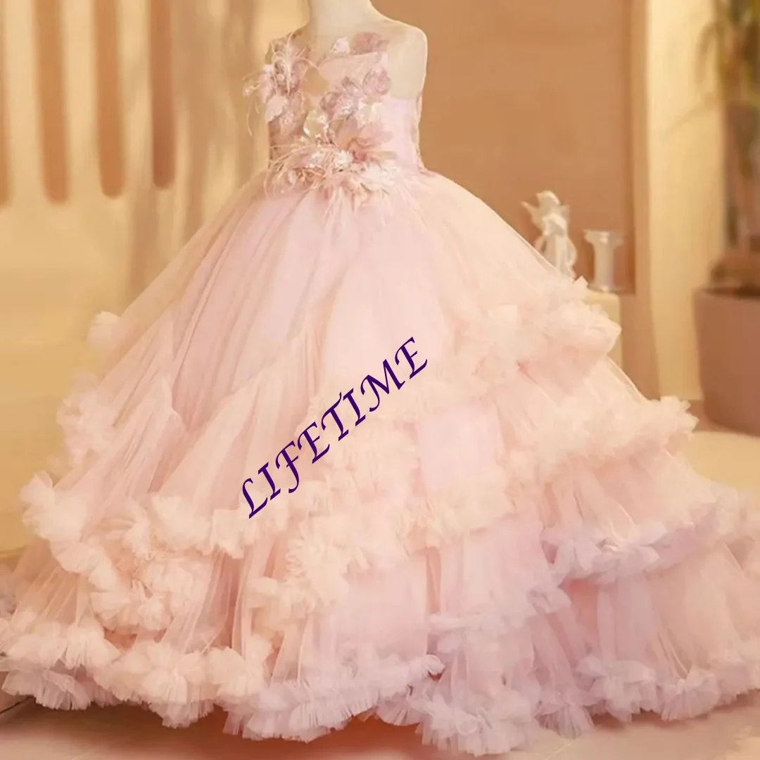 カスタマイズされた高級感あふれる花嫁介添えドレス、羽根飾り付きアラビアンプリンセス風キッズウェディング、誕生日パーティー、舞踏会、聖体拝領式用ガウン