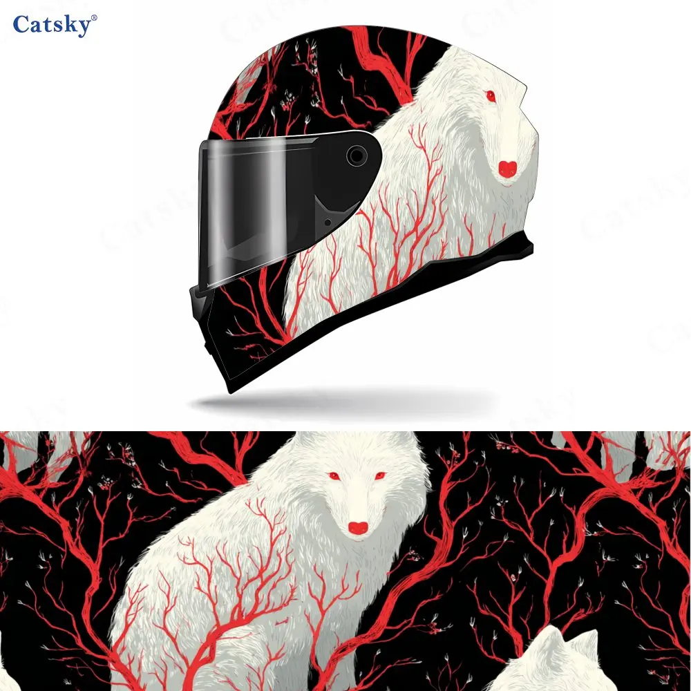 

Weird White Wolf & Red Branches Motorcycle Helmet Decal, Waterproof Self-adhesive Helmet Vinyl Wraps Sticker, Cool DIY Graffiti