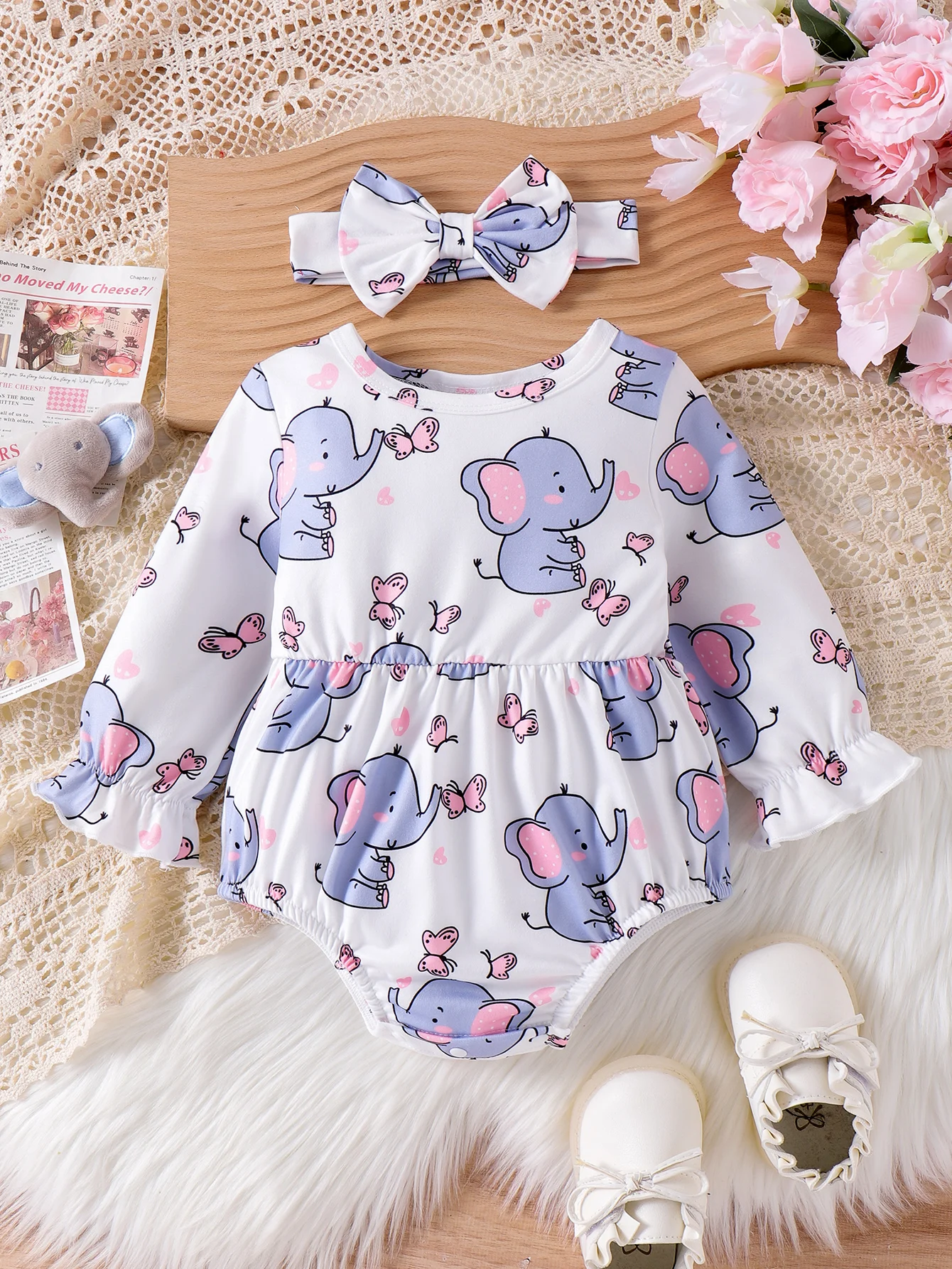 2PCS Autumn Girls Aged 0-1, Comfortable Round-Neck Elephant Butterfly Printed Long-Sleeved Suit + Hair Band