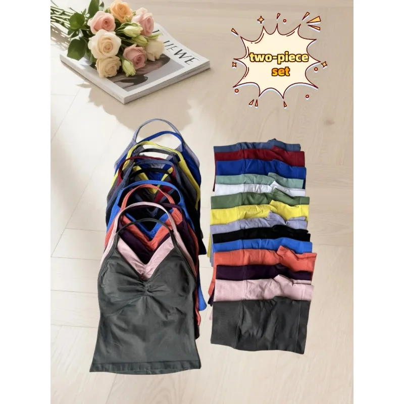 

2 шт. 25 костюм для йоги, костюм для фитнеса, летняя спортивная одежда для спортзала, женский бюстгальтер для йоги с высокой талией, шорты для тренировок, спортивный костюм одного цвета